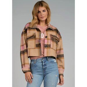 Elan International Addy Pink/Brown Plaid Cropped Shacket Jacket Womens Size M